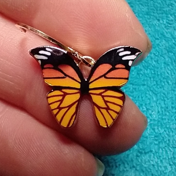 Jewelry - Goldtone black orange yellow butterfly pierced dangle wire earrings